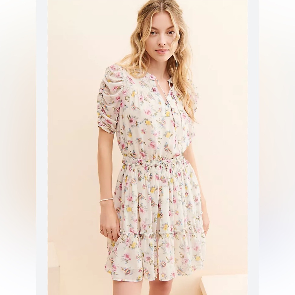 Current Air Anthropologie Cream Floral Mini Dress with Ruffle Trim Small